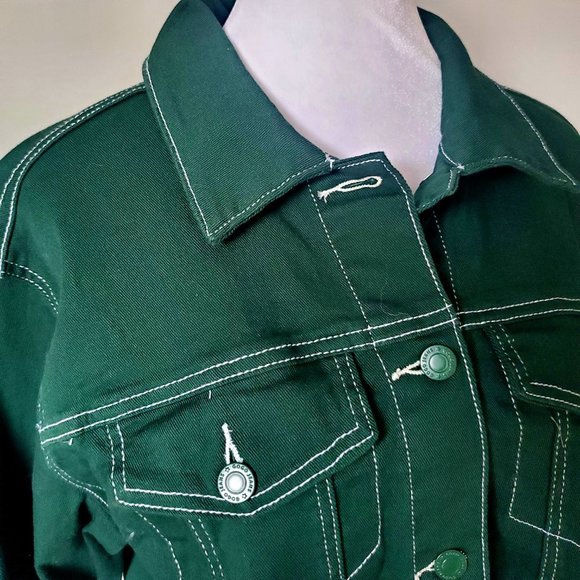 GOGO JEANS Trendy Frayed Cropped Denim Jacket Forest Green White Stitch Cut-off - Picture 2 of 8